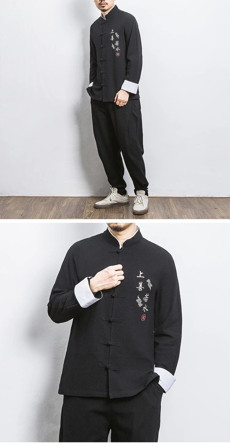 Camicie a maniche lunghe da uomo Ricamo tradizionale in cotone e lino Casual Tang Suit Cardigan da uomo Camicette Kung Fu retrò stile cinese da uomo