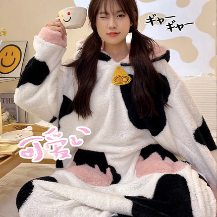 Women Onesie Kigurumis Cow Pajamas Adult Female Winter Sleepwear Zipper Hooded  Jumpsuits Thick Soft Warm Fleece Pijama Mujer