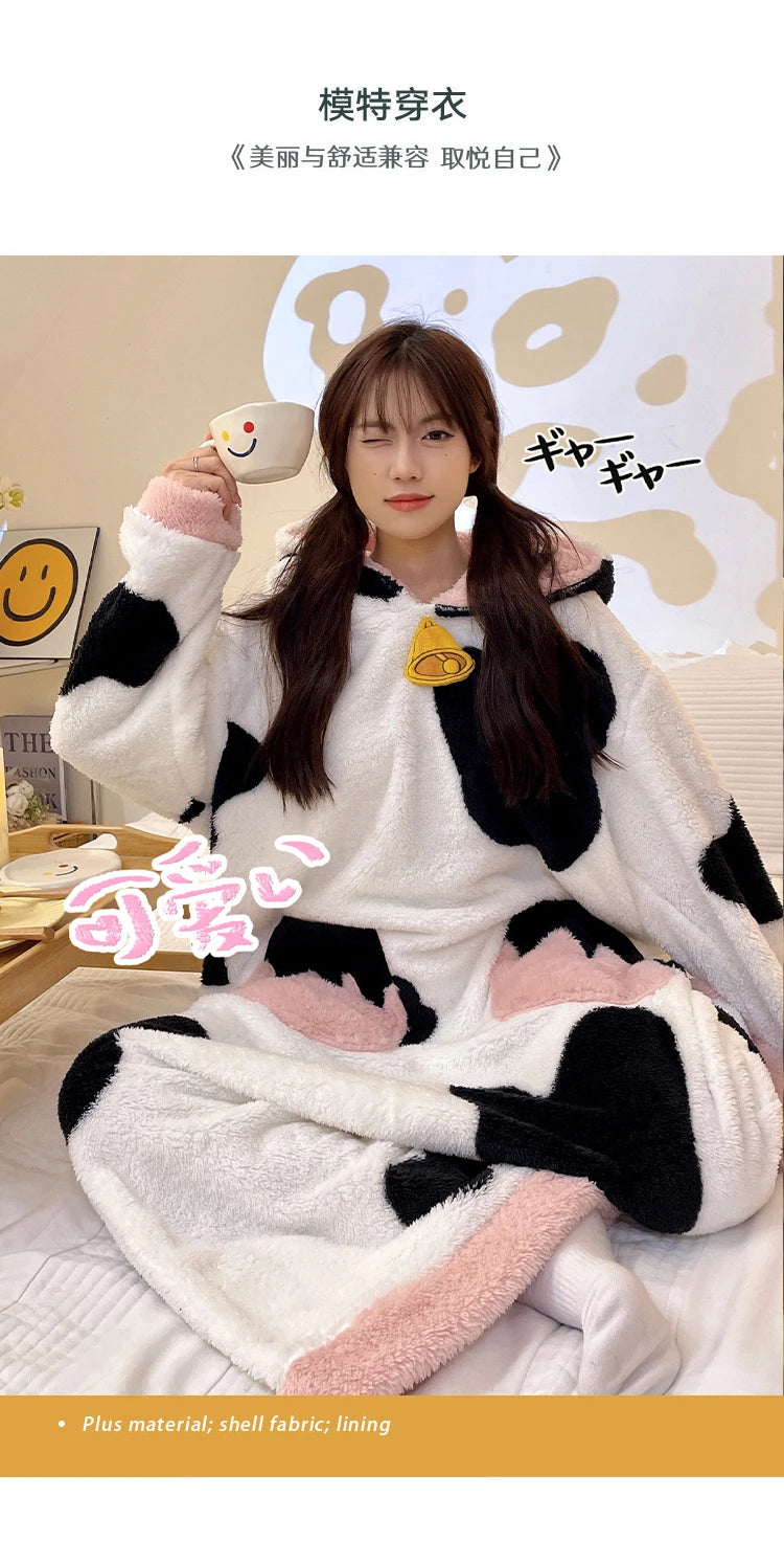 Women Onesie Kigurumis Cow Pajamas Adult Female Winter Sleepwear Zipper Hooded  Jumpsuits Thick Soft Warm Fleece Pijama Mujer