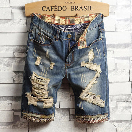 Men Ripped Short Jeans Summer Cotton Knee Length Shorts Breathable Vintage Denim Pants Painted Graffiti Streetwear Cargo Jeans PlatiNum
