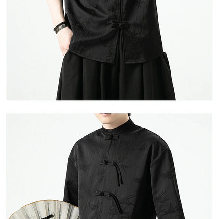 Camicia cinese da uomo con foglie di bambù floreali scuri Seta di ghiaccio Estate Confortevole e traspirante Stile retrò Camicie larghe alla moda da uomo Top
