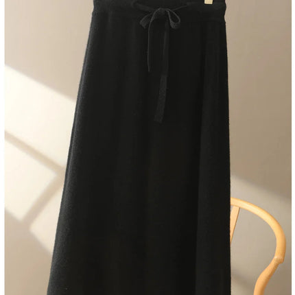 Autumn And Winter100% Pure Wool Skirt Women's Long Pocket Small A Skirt High Waist Slim Cashmere Knit A-Line Skirt PlatiNum