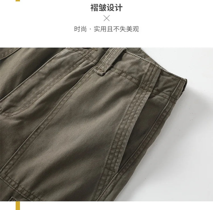 American Style Men's Heavyweight Cotton Cargo Pants Multi-Pocket Casual Loose Straight-Leg Work Trousers Outdoor Jogger Pants