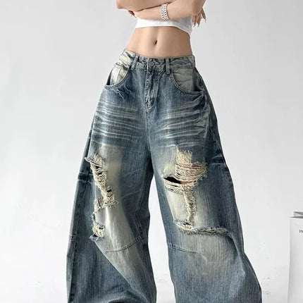 Jeans Larghi da Donna Stile High Street, Denim Distressed, Moda Primavera 2026, Nuovi Arrivi, Pantaloni Lunghi