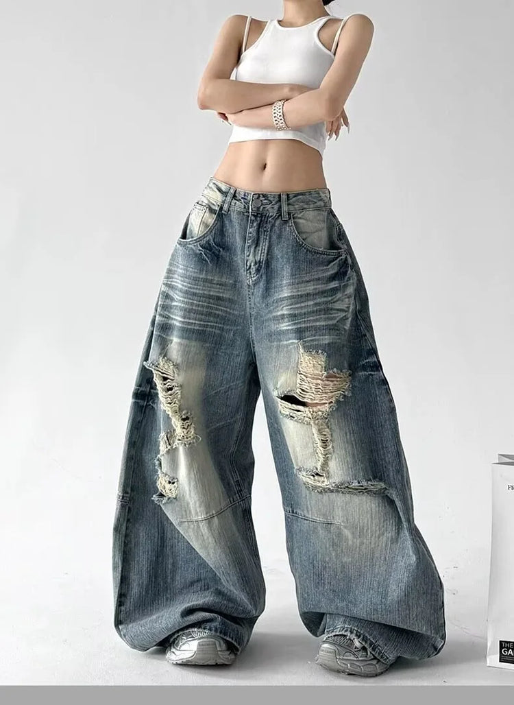 Jeans Larghi da Donna Stile High Street, Denim Distressed, Moda Primavera 2026, Nuovi Arrivi, Pantaloni Lunghi