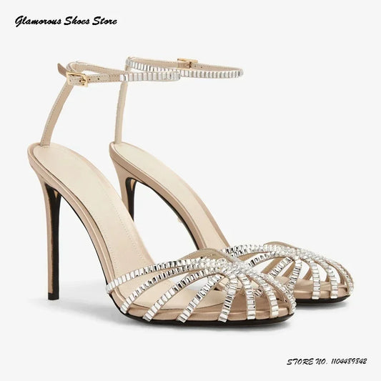 Bling Crystal Caged-toe Satin Sandals Women's Round Toe Thin High Heels Party Shoes Summer Fashion Buckle Strap Daily Stilettos