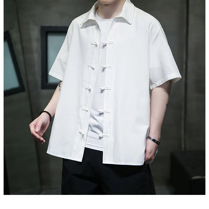 Camicie Estive da Uomo in Stile Cinese Retrò Tradizionale in Cotone e Lino Traspirante, Camicie Tang Suit, Bluse Casual da Uomo per Kung Fu e Tai Chi