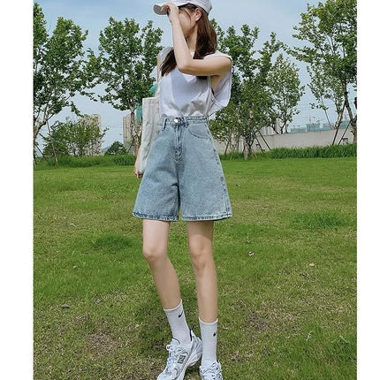 Ladies High Waist Wide Leg Denim Shorts Retro Blue A-Line Slim Fit Spring Summer Womens Casual Clothing 2026 PlatiNum