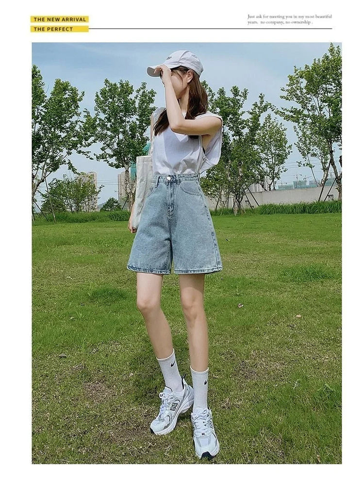Ladies High Waist Wide Leg Denim Shorts Retro Blue A-Line Slim Fit Spring Summer Womens Casual Clothing 2026 PlatiNum