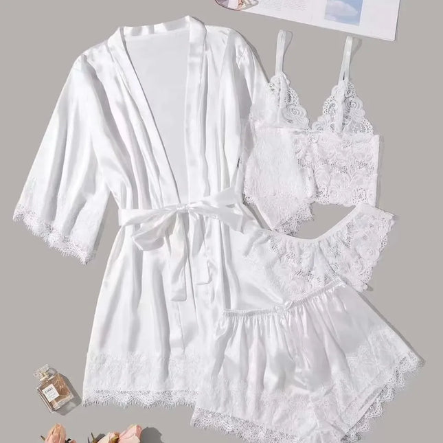Luxury 4-Piece Lace Loungewear Set - Cami + Shorts/Pants + Kimono Robe | Women's Sexy Sleepwear Collection