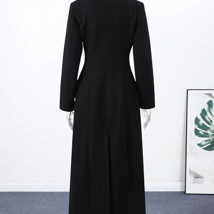 Women's Long Coat Slim V Neck Single Breasted Overcoats Shoulder Pad Maxi Jackets with Belt 2025 New Winter Lady Commute Outwear