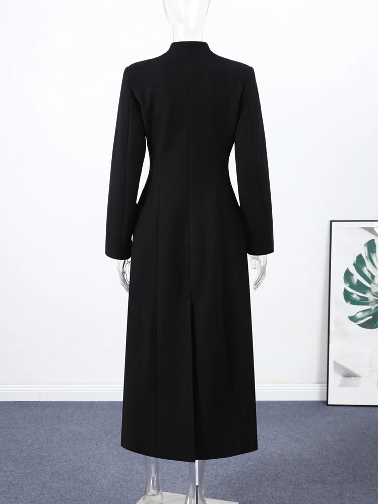 Women's Long Coat Slim V Neck Single Breasted Overcoats Shoulder Pad Maxi Jackets with Belt 2025 New Winter Lady Commute Outwear