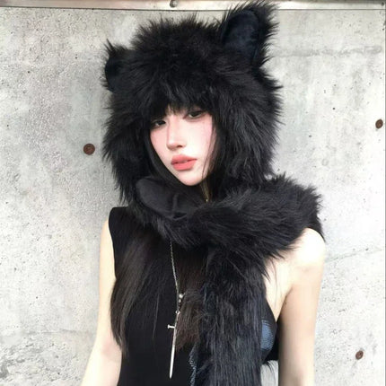 Japanese Kawaii Cute Fur Scarf Hat Winter Keep Warm Y2k Aesthetic Fashion Vintage Cap Bears Ears Women Hats Grunge Streetwear