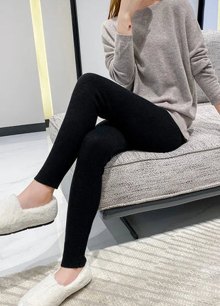 Autumn Winter Women Wool Thickening Leggings High Waist Ribbed Vertical Stripe Casual Knitted Leggings Warm Wear out Pantyhose PlatiNum