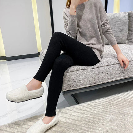Autumn Winter Women Wool Thickening Leggings High Waist Ribbed Vertical Stripe Casual Knitted Leggings Warm Wear out Pantyhose PlatiNum