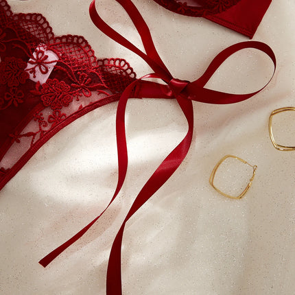 Lady Floral Embroidery Lingerie Set Women Sheer Bra and Brief Underwear Set Satin Sexy Intimates Underwear