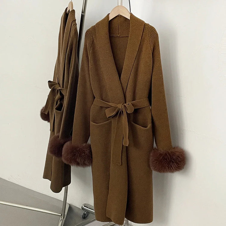 OFTBUY New Winter Long Belted Clothes Outerwear Women Knit Cardigan Real Fox Fur Cuffs Shawl Collar Wrap Knitted Coat Female