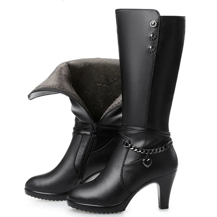 AIYUQI Female Winter Shoes Woman Boots High-Heeled Genuine Leather Motorcycle Boots Thick Wool Warm Winter Boots Riding Boot