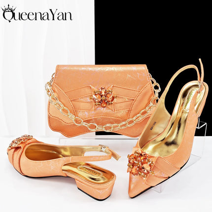 Queena Yan Elegante set di borse con strass a punta blu e tacco basso per calzature e accessori per feste di matrimonio di lusso da donna