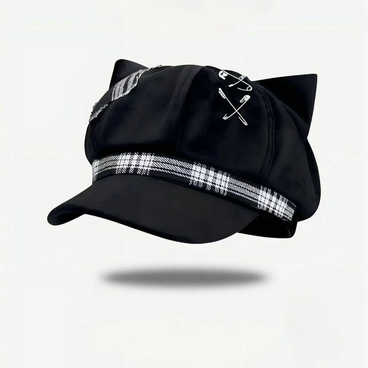 Alt Y2K Cat Ear Visor Hat Plaid Tape Decor Gothic Punk Black Cap Harajuku Street Cosplay Fashion Headwear