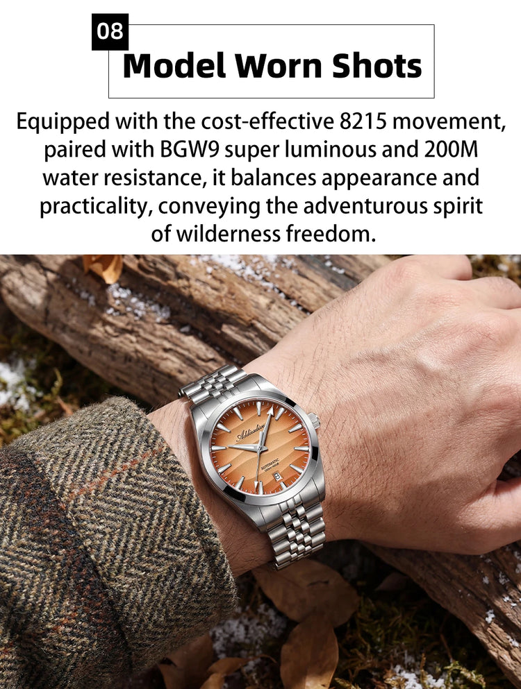 ADDIESDVIE Men Watch AD2540 Desert Dial 20Bar Waterproof 316L Stainless Steel BGW9 Luminous 8215 Mechanical Automatic Watches