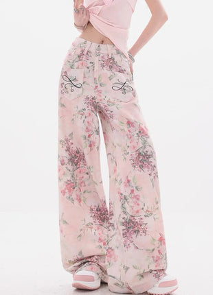 Nuovi jeans ricamati rosa stile cinese da donna Pantaloni estivi casual a gamba larga lunghi fino al pavimento con design stampato