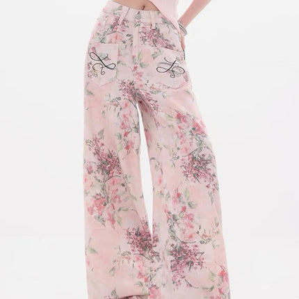 Nuovi jeans ricamati rosa stile cinese da donna Pantaloni estivi casual a gamba larga lunghi fino al pavimento con design stampato