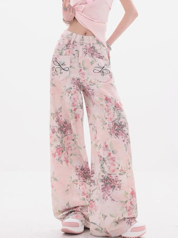 Nuovi jeans ricamati rosa stile cinese da donna Pantaloni estivi casual a gamba larga lunghi fino al pavimento con design stampato