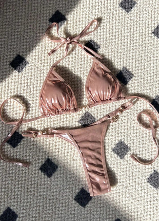 Micro Bikini Rosa Lucido da Donna, Sexy con Perle in PU, Push-Up, Perizoma, Costume da Bagno Estivo, con Lacci, per Vacanze PlatiNum
