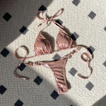 Micro Bikini Rosa Lucido da Donna, Sexy con Perle in PU, Push-Up, Perizoma, Costume da Bagno Estivo, con Lacci, per Vacanze PlatiNum