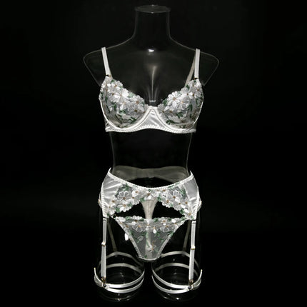 Elegant White Floral Embroidered Sheer Lace Lingerie Set Strappy Underwire Bra Garter Belt Thong Intimate Nightwear Apparel Lady