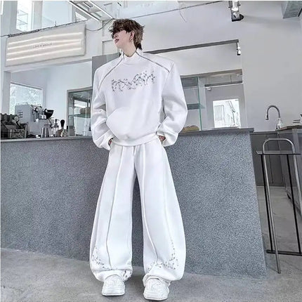 LUZHEN Fashion Street Two-piece Sets Men's Zipper Shoulder Design Long Sleeve Sweatshirt 2025 Autumn Loose Wide Leg Pants JY3912 PlatiNum
