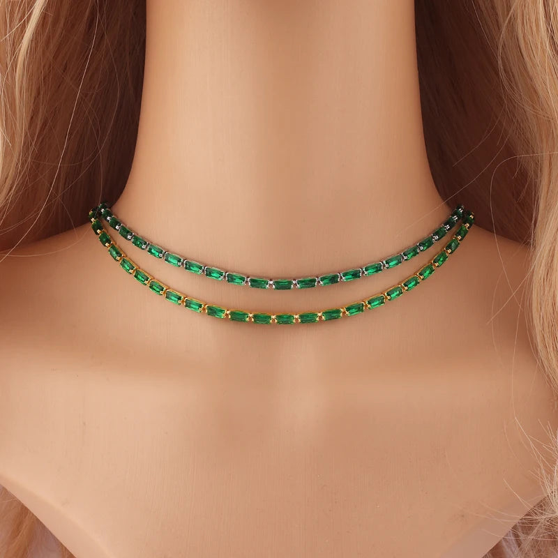 Collana a catena da tennis Hip Hop con zirconi cubici verdi stile misto CZ per donna Gioielli girocollo in oro 18 carati con smeraldi di cristallo per feste di strada