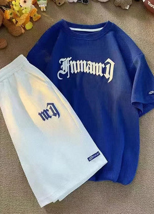Set di abbigliamento sportivo a maniche corte in seta di ghiaccio estiva casual con waffle transfrontaliero T-shirt da uomo Set di abbigliamento da uomo abbinato platinumshop
