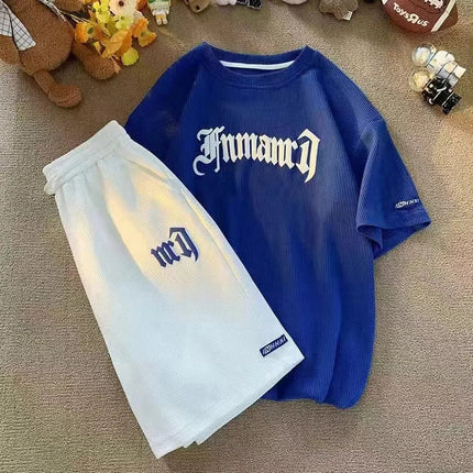 Set di abbigliamento sportivo a maniche corte in seta di ghiaccio estiva casual con waffle transfrontaliero T-shirt da uomo Set di abbigliamento da uomo abbinato platinumshop