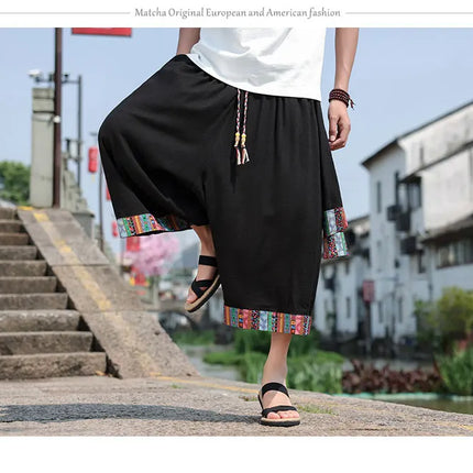 Pantaloncini kimono giapponese Costume da samurai in lino da uomo Ukiyo-e Cintura con stampa Pantaloni a gamba larga Retro Haori Pantaloni casual larghi Harajuku da uomo