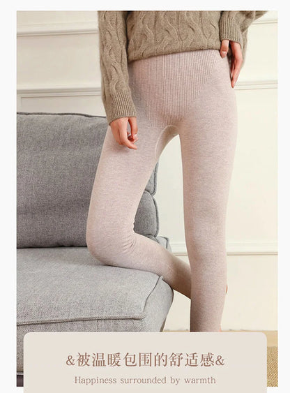 Adult Winter Thermal Thickened High-Waist Wool Leggings Pure Wool Base Layer Knit Pants Thigh-High Tights for Autumn