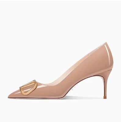 Décolleté alla moda con tacco alto grigio brillante con fibbia a V Sandali primaverili estivi Tacchi a punta in vera pelle