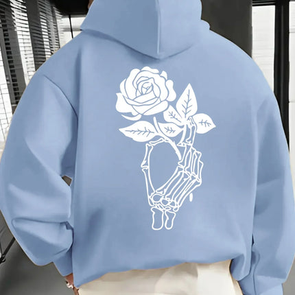 Gothic Skeleton Hand Holding Rose Large Back Print Hoodie Pullover Unisex Loose Fleece Lined Autumn Winter