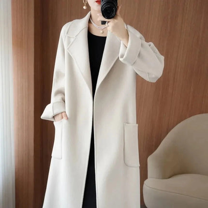 100% Wool Coat Women's Wear 2026 Autumn/Winter Fashion Temperament Double sided Cashmere Coats with Belt Elegant Long Overcoat