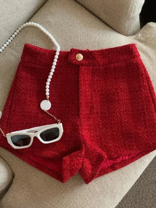 Tweed Shorts Women Korean High Waist Wide Leg Shorts Office Lady Elegant White Black Autumn Winter Casual All Match Short Pants