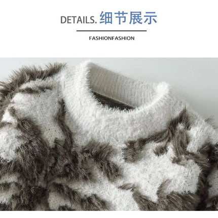 Men Jacquard Furry Sweater Long Sleeve Thick Print Faux Mink Velvet Knit Dyed Pullover O Neck High Street Warm Sweater Jumpers