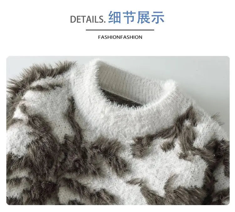 Men Jacquard Furry Sweater Long Sleeve Thick Print Faux Mink Velvet Knit Dyed Pullover O Neck High Street Warm Sweater Jumpers