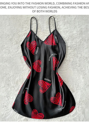 Camicia da notte sottoveste in raso con stampa labbra rosse per San Valentino, mini abito da notte senza schienale con scollo a V, abiti da notte da donna