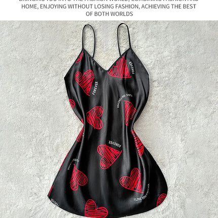 Camicia da notte sottoveste in raso con stampa labbra rosse per San Valentino, mini abito da notte senza schienale con scollo a V, abiti da notte da donna