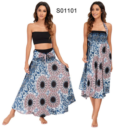 Boho Gonne Donna Rayon Beach Abito lungo Estate Bohemian Jupe Longue Femme Elastico in vita Stampa Fasciatura floreale Halter Hippie platinumshop