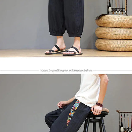 Pantaloncini estivi da uomo Pantaloni casual traspiranti in cotone Pantaloni larghi tradizionali retrò streetwear al polpaccio Pantaloncini comodi da uomo