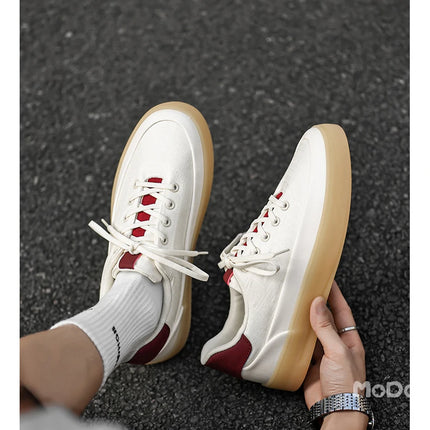Men's Linen Canvas Platform Sneakers, Breathable Low‑Top Casual Skate Shoes, Retro Contrast Tan Trim Design, Soft Cushioned Thic