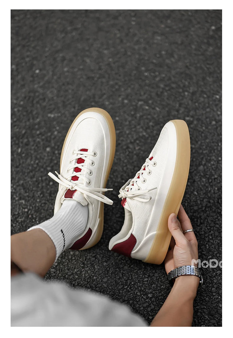 Men's Linen Canvas Platform Sneakers, Breathable Low‑Top Casual Skate Shoes, Retro Contrast Tan Trim Design, Soft Cushioned Thic