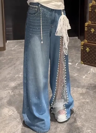 2025 Autunno Inverno Pantaloni in denim da donna Mesh Patchwork Y2K Streetwear Jeans larghi Grunge g